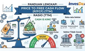 Apa Itu Price to Free Cash Flow (TTM) Infografis panduan rasio Price to Free Cash Flow atau P/FCF TTM, menampilkan indikator valuasi saham murah, wajar, dan mahal beserta contoh sektornya.