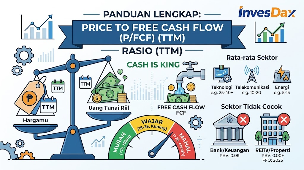 Infografis panduan rasio Price to Free Cash Flow atau P/FCF TTM, menampilkan indikator valuasi saham murah, wajar, dan mahal beserta contoh sektornya.