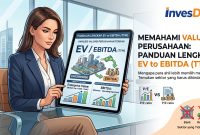 Memahami Valuasi Perusahaan: EV to EBITDA Diagram alur infografis berwarna yang membedah rumus EV to EBITDA. Menunjukkan Enterprise Value (EV) sebagai Kapitalisasi Pasar + Utang - Kas, dan EBITDA sebagai Laba Operasional + Depresiasi + Amortisasi. Ikon visual untuk setiap langkah.
