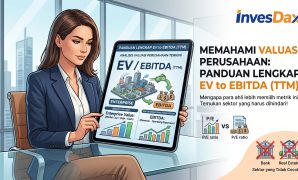 Memahami Valuasi Perusahaan: EV to EBITDA Diagram alur infografis berwarna yang membedah rumus EV to EBITDA. Menunjukkan Enterprise Value (EV) sebagai Kapitalisasi Pasar + Utang - Kas, dan EBITDA sebagai Laba Operasional + Depresiasi + Amortisasi. Ikon visual untuk setiap langkah.