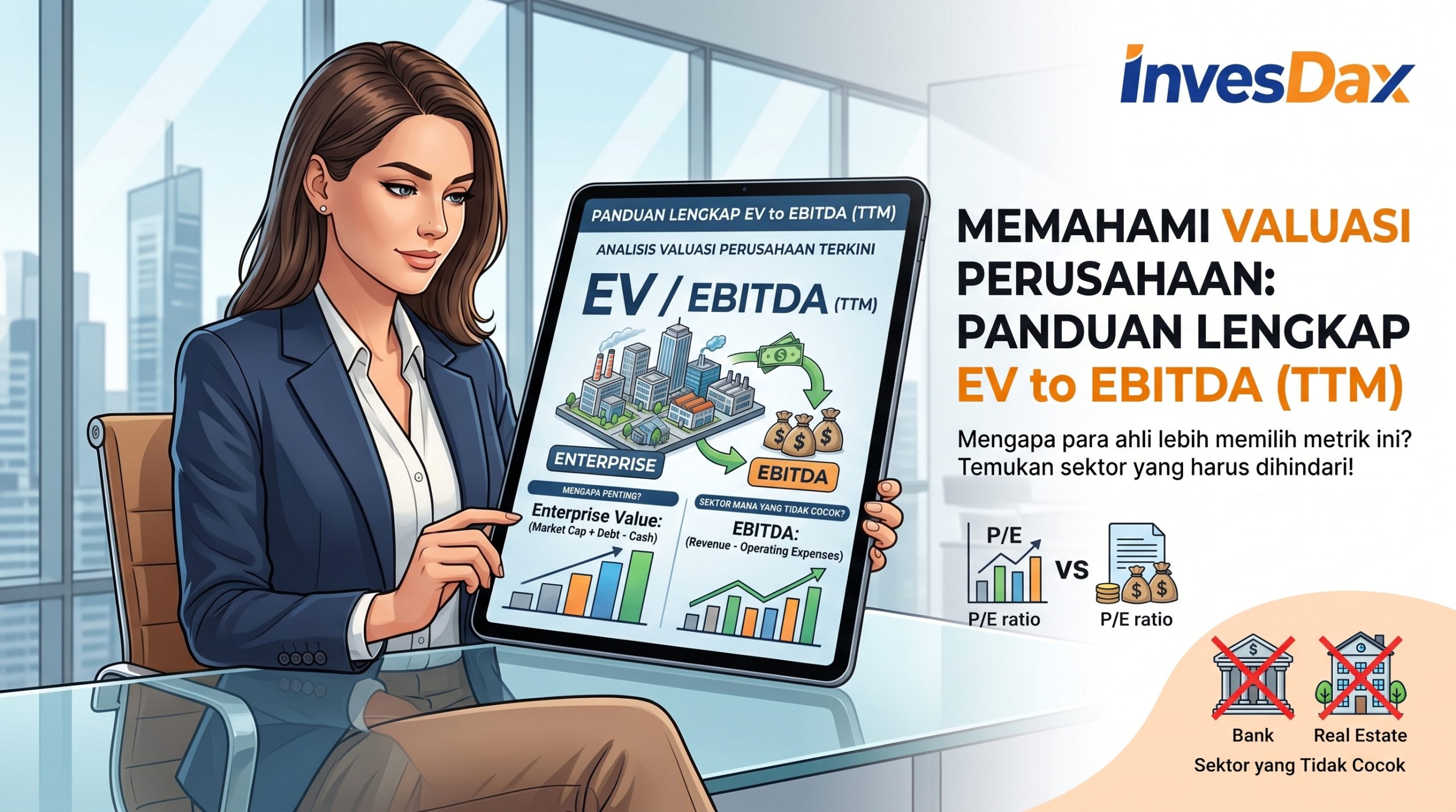 Diagram alur infografis berwarna yang membedah rumus EV to EBITDA. Menunjukkan Enterprise Value (EV) sebagai Kapitalisasi Pasar + Utang - Kas, dan EBITDA sebagai Laba Operasional + Depresiasi + Amortisasi. Ikon visual untuk setiap langkah.