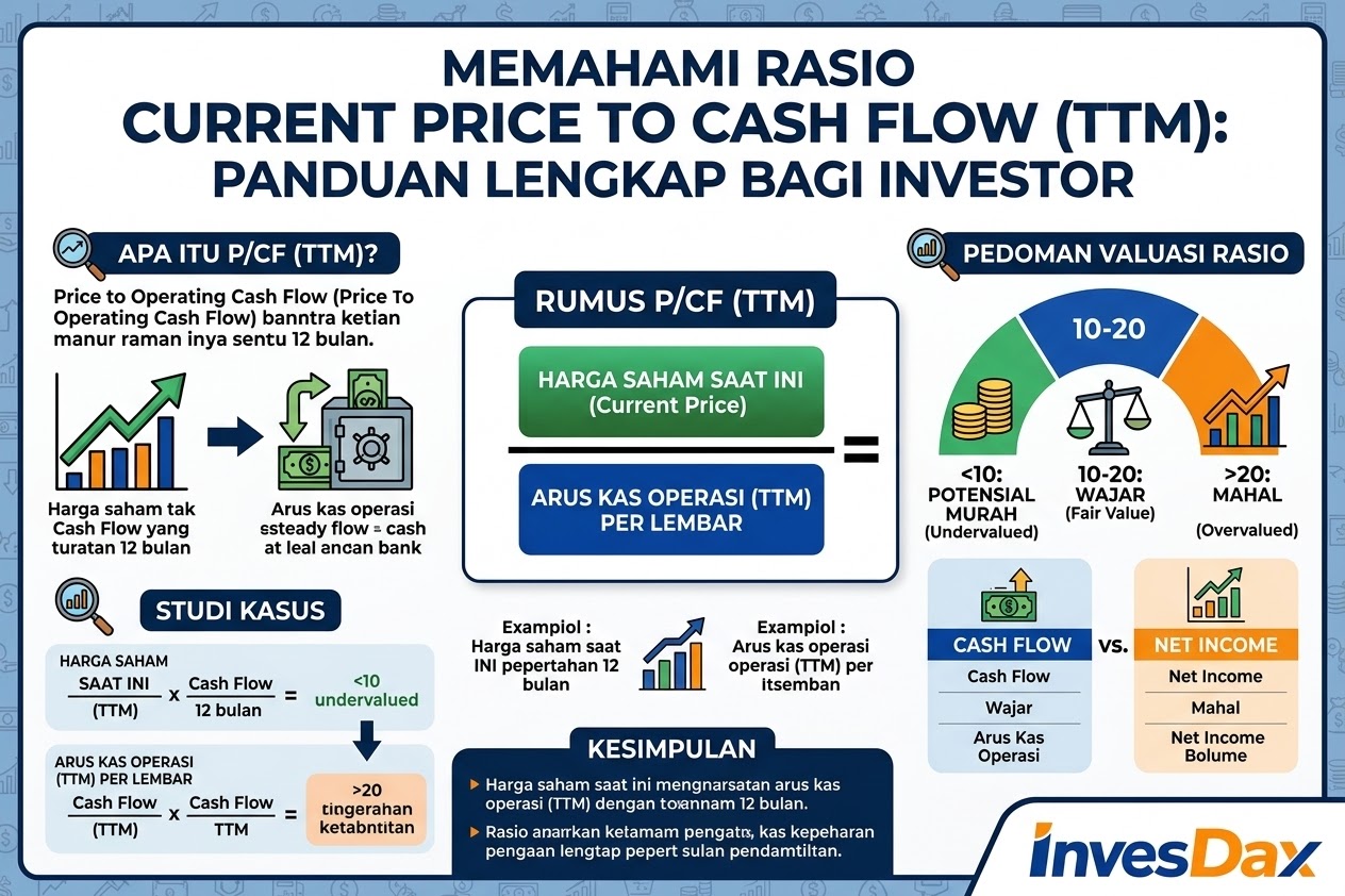 Infografis panduan cara menghitung dan interpretasi rasio Price to Cash Flow (P/CF) TTM untuk analisis saham.