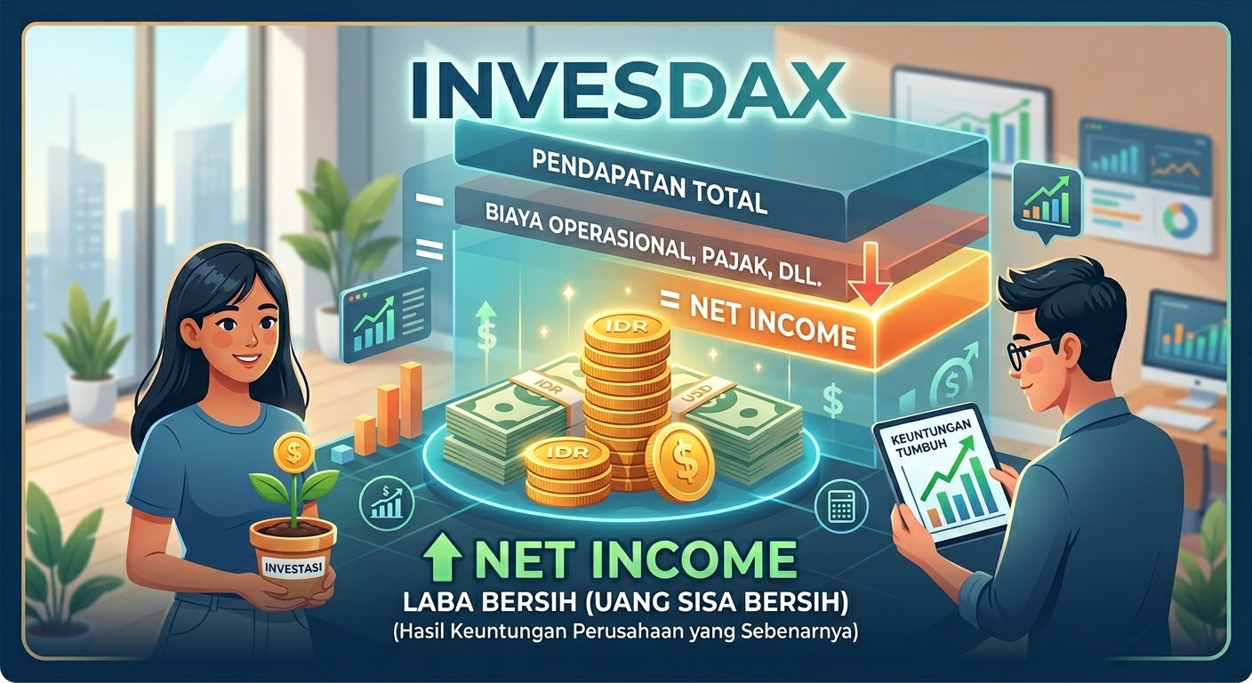 Infografis Invesdax menjelaskan konsep Net Income sebagai laba bersih perusahaan setelah dikurangi total biaya operasional dan pajak.