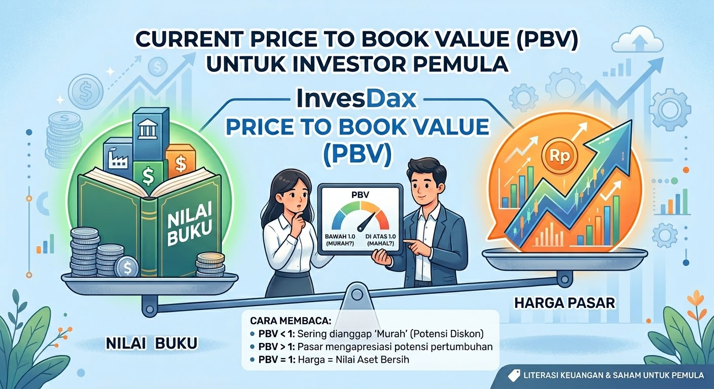 Ilustrasi keseimbangan antara Nilai Buku perusahaan dan Harga Pasar saham untuk menjelaskan rasio Price to Book Value (PBV) pada investor pemula.