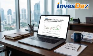 Analisis fundamental saham menggunakan rasio Price to Cash Flow (P/CF) di meja kerja profesional dengan laptop dan catatan keuangan.