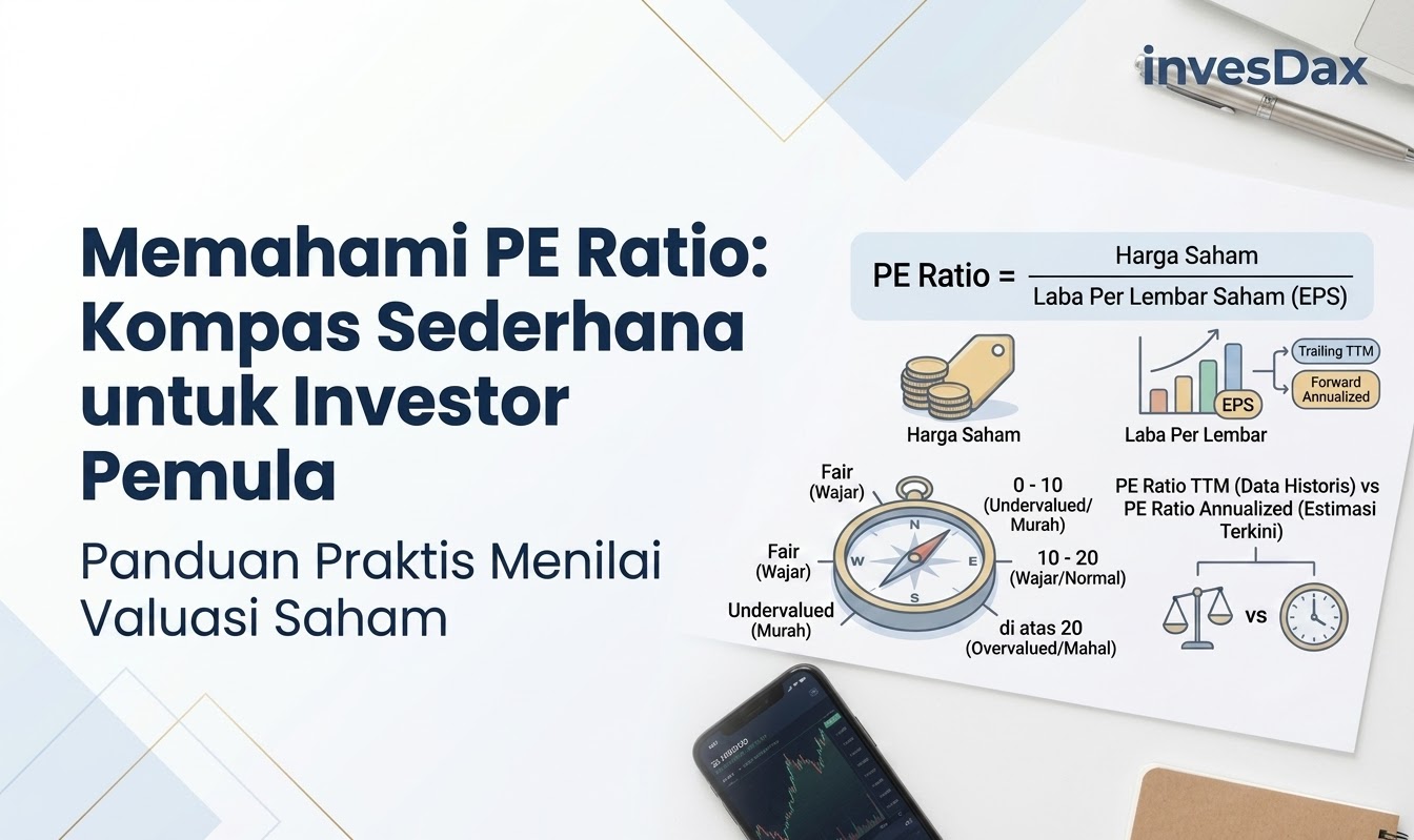 Infografis rumus PE Ratio saham: Harga Saham dibagi Laba Per Lembar Saham (EPS), serta panduan kategori valuasi murah, wajar, dan mahal untuk investor pemula dari InvesDax.