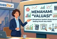 Valuasi Saham: Cara Mengetahui Harga Saham Murah atau Mahal Gambar ilustrasi valuasi saham InvesDax. Seorang wanita pembawa acara berjas biru menunjuk ke layar dengan tulisan "MEMAHAMI 'VALUASI'" dan grafik keuangan. Papan nama "InvesDax" di atas jendela dengan pemandangan kota di malam hari.