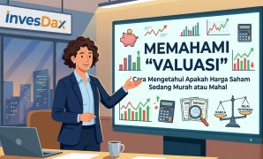 Valuasi Saham: Cara Mengetahui Harga Saham Murah atau Mahal Gambar ilustrasi valuasi saham InvesDax. Seorang wanita pembawa acara berjas biru menunjuk ke layar dengan tulisan "MEMAHAMI 'VALUASI'" dan grafik keuangan. Papan nama "InvesDax" di atas jendela dengan pemandangan kota di malam hari.