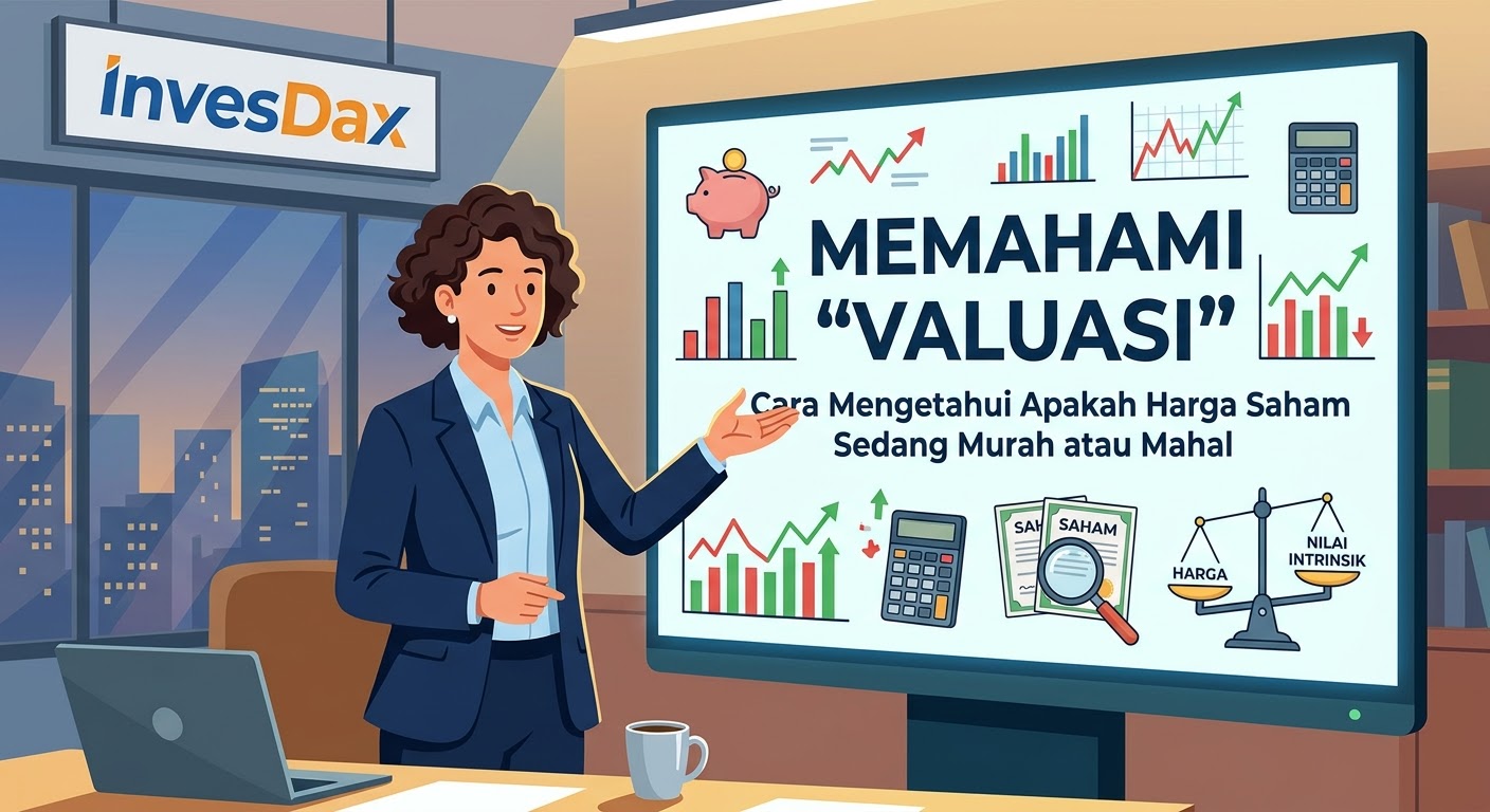 Gambar ilustrasi valuasi saham InvesDax. Seorang wanita pembawa acara berjas biru menunjuk ke layar dengan tulisan "MEMAHAMI 'VALUASI'" dan grafik keuangan. Papan nama "InvesDax" di atas jendela dengan pemandangan kota di malam hari.